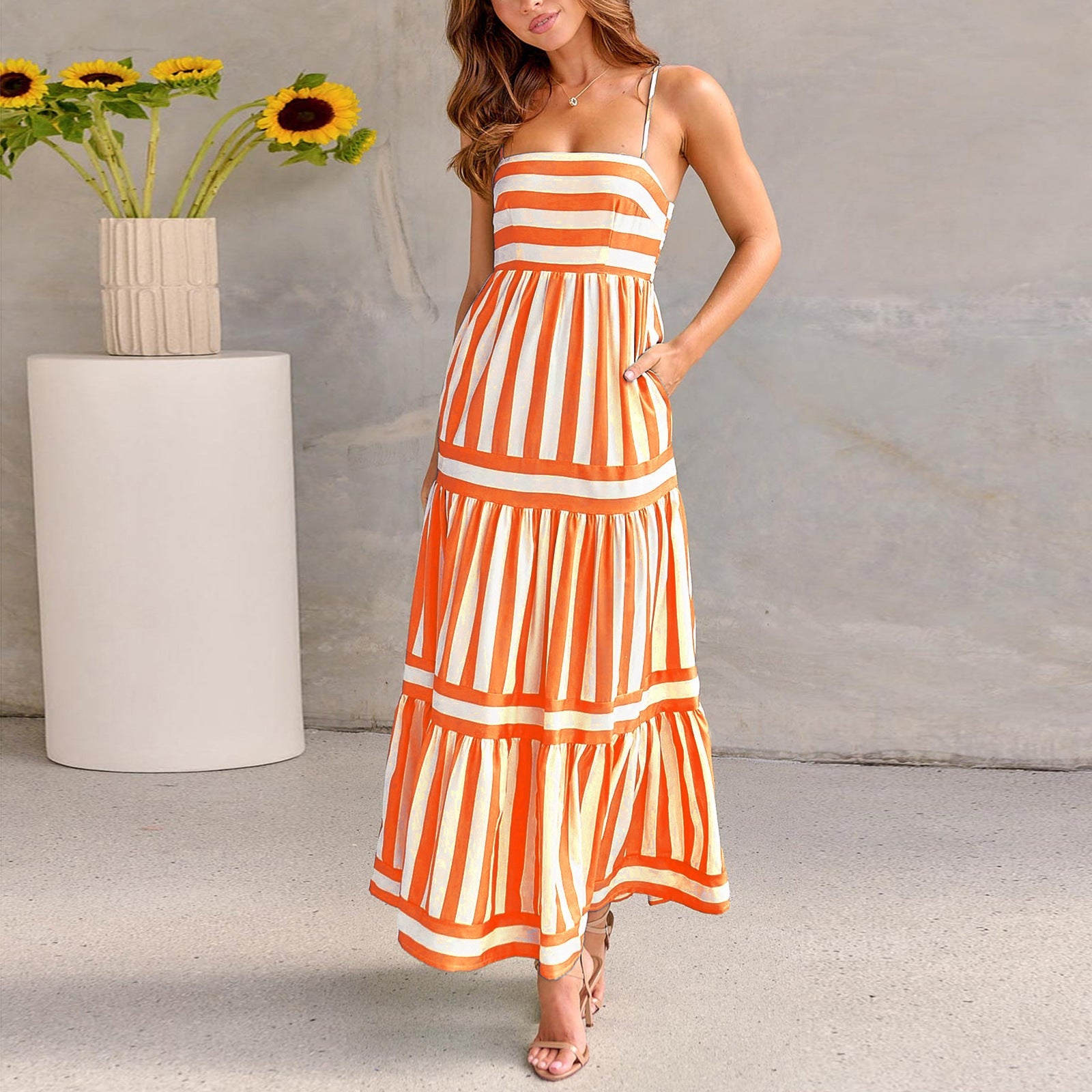 Summer Striped Printed Suspender Long Dress With Pockets Fashion Square Neck Backless Dresses For Beach Vacation Women Clothing NommL