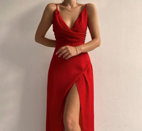 V-neck Slit Sling Dress Summer Fashion Sexy Slim Suspender Dresses For Women Clothing NommL