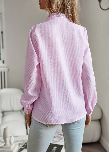 Striped Long Sleeve Shirt Fashion Ruffle Design Button Up Tops Casual Office Blouse Elegant Commuting Women's Clothing NommL