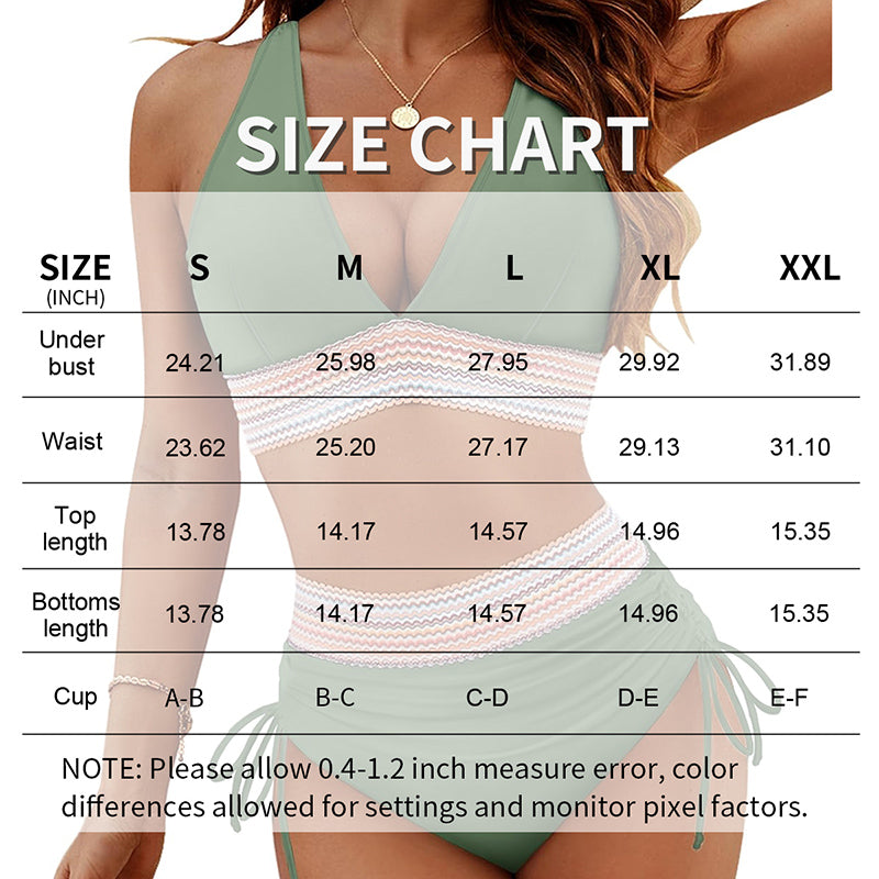 A size chart for a womens swimsuit is displayed, featuring measurements for under bust, waist, top length, bottom length, and cup sizes. The chart outlines sizes from S to XXL, with clear labels and inch measurements for easy reference.