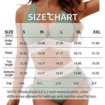 A size chart for a womens swimsuit is displayed, featuring measurements for under bust, waist, top length, bottom length, and cup sizes. The chart outlines sizes from S to XXL, with clear labels and inch measurements for easy reference.