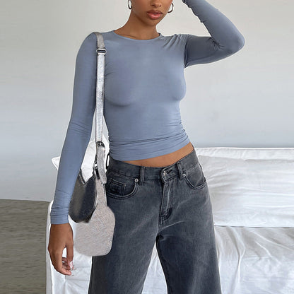 Women's Clothing Fashion Slim Long-sleeved Pullovers Tops Solid Causal Fit Shirts NommL