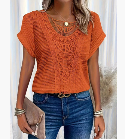 Summer Hollow Out Short-sleeved T-shirt Fashion Ethnic Style Tops Women's Clothing NommL