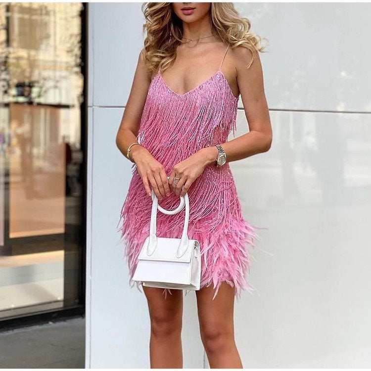 Sexy Tassel Sequins Feather Summer Mini Dress Women V Neck Spaghetti Strap Stitching Dresses Female Elegant Evening Party Club Dress NommL