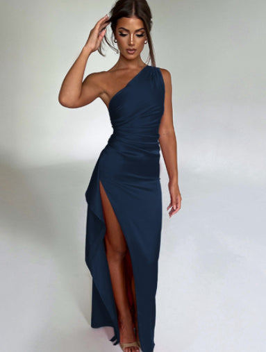 Sexy One-Shoulder Satin Maxi Dress: Elegant Backless Slit Dress for Summer Parties & Formal Events NommL