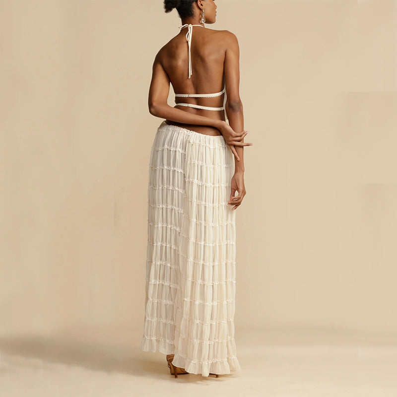 Summer Boho 2-Piece Set: Halter Crop Top & High-Waisted Pleated Maxi Skirt NommL