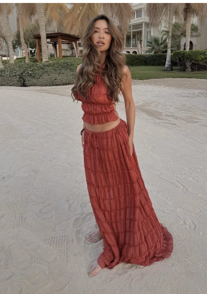 Summer Boho 2-Piece Set: Halter Crop Top & High-Waisted Pleated Maxi Skirt NommL
