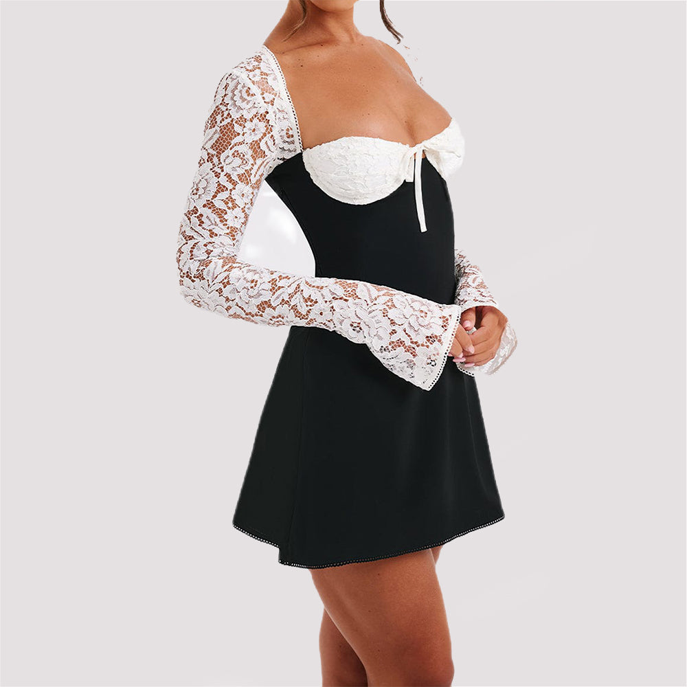 Y2K  Lace Long Sleeve Dress Fashion Sexy Corset Backless Lace Up Short Dresses Womens Clothing NommL