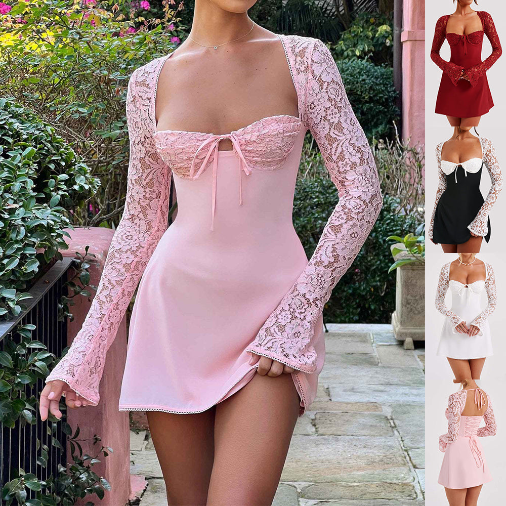Y2K  Lace Long Sleeve Dress Fashion Sexy Corset Backless Lace Up Short Dresses Womens Clothing NommL