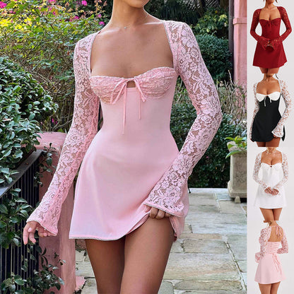 Y2K  Lace Long Sleeve Dress Fashion Sexy Corset Backless Lace Up Short Dresses Womens Clothing NommL