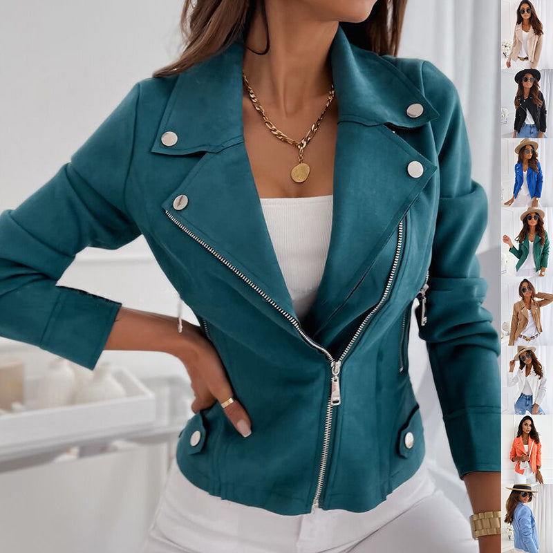 Zip-up Lapel Jacket With Pockets Ins Fashion Long Sleeve Short Tops Women's Clothing NommL
