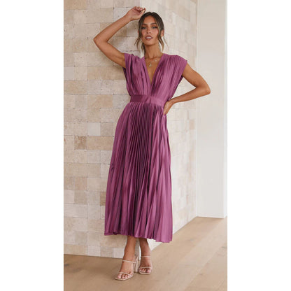 Elegant V-Neck Pleated Maxi Dress: Sleeveless Loose Fit Evening Gown for Weddings & Parties NommL