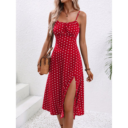 New Polka Dot Print Suspender Dress Summer Sexy Split Long Dresses For Womens Clothing NommL