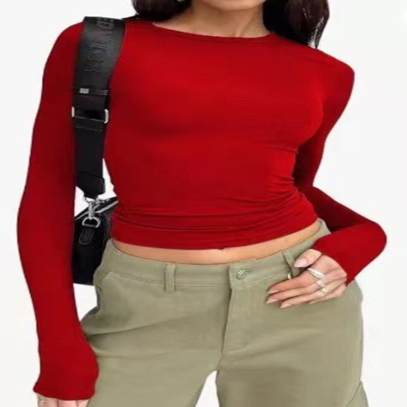 Women's Clothing Fashion Slim Long-sleeved Pullovers Tops Solid Causal Fit Shirts NommL