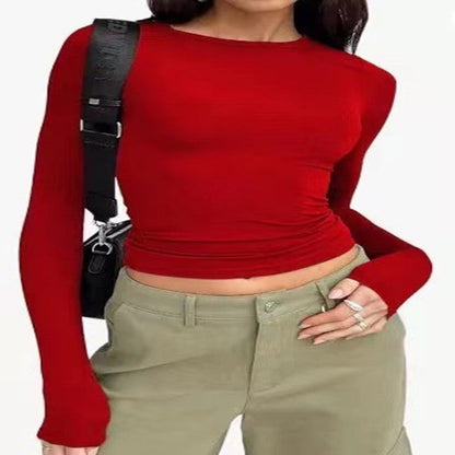 Women's Clothing Fashion Slim Long-sleeved Pullovers Tops Solid Causal Fit Shirts NommL