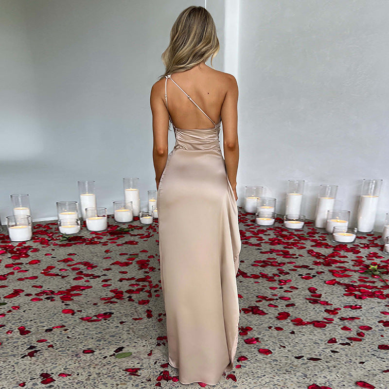 Sexy One-Shoulder Satin Maxi Dress: Elegant Backless Slit Dress for Summer Parties & Formal Events NommL