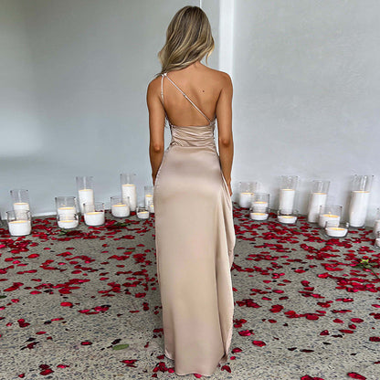 Sexy One-Shoulder Satin Maxi Dress: Elegant Backless Slit Dress for Summer Parties & Formal Events NommL