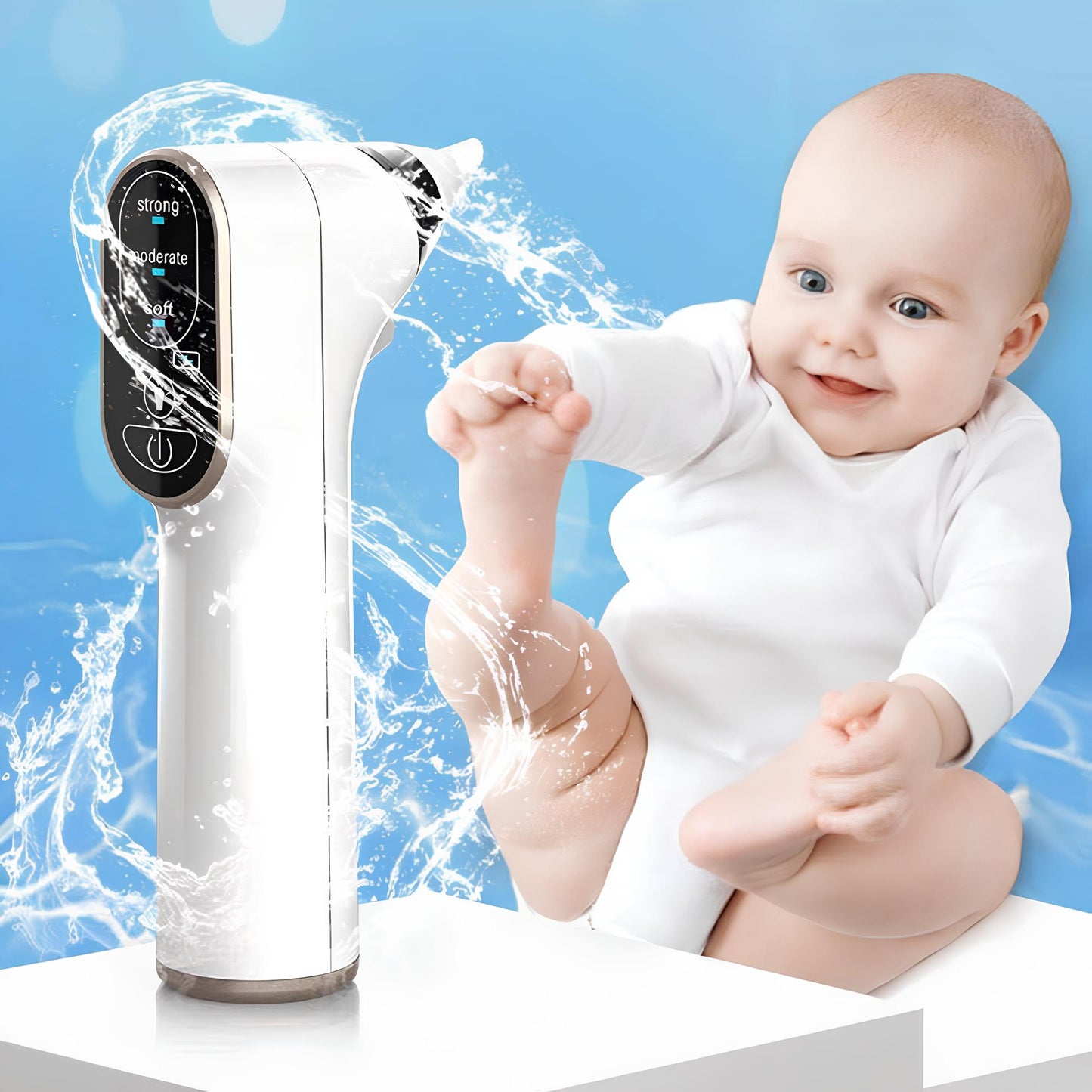 Baby being cleaned with a handheld showerhead against a blue background