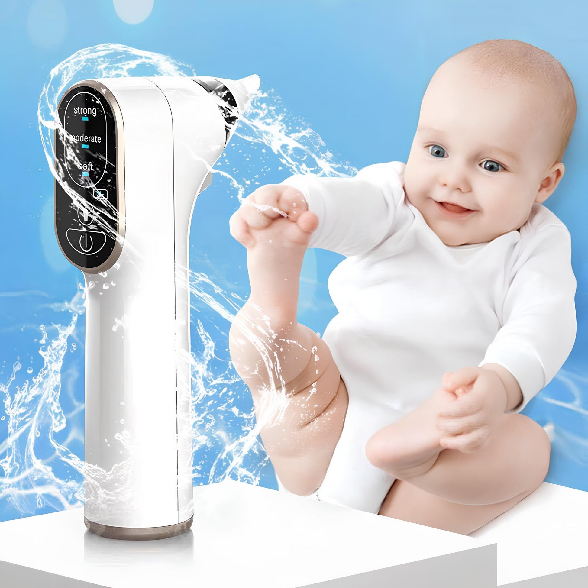 Baby being cleaned with a handheld showerhead against a blue background