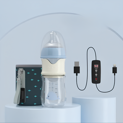 Baby bottle with a power adapter and digital display on a white background