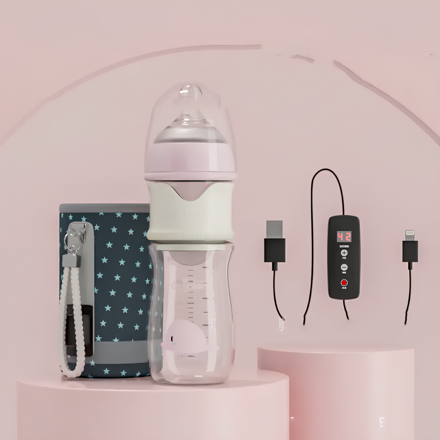 Baby bottle with accessories on a pink background