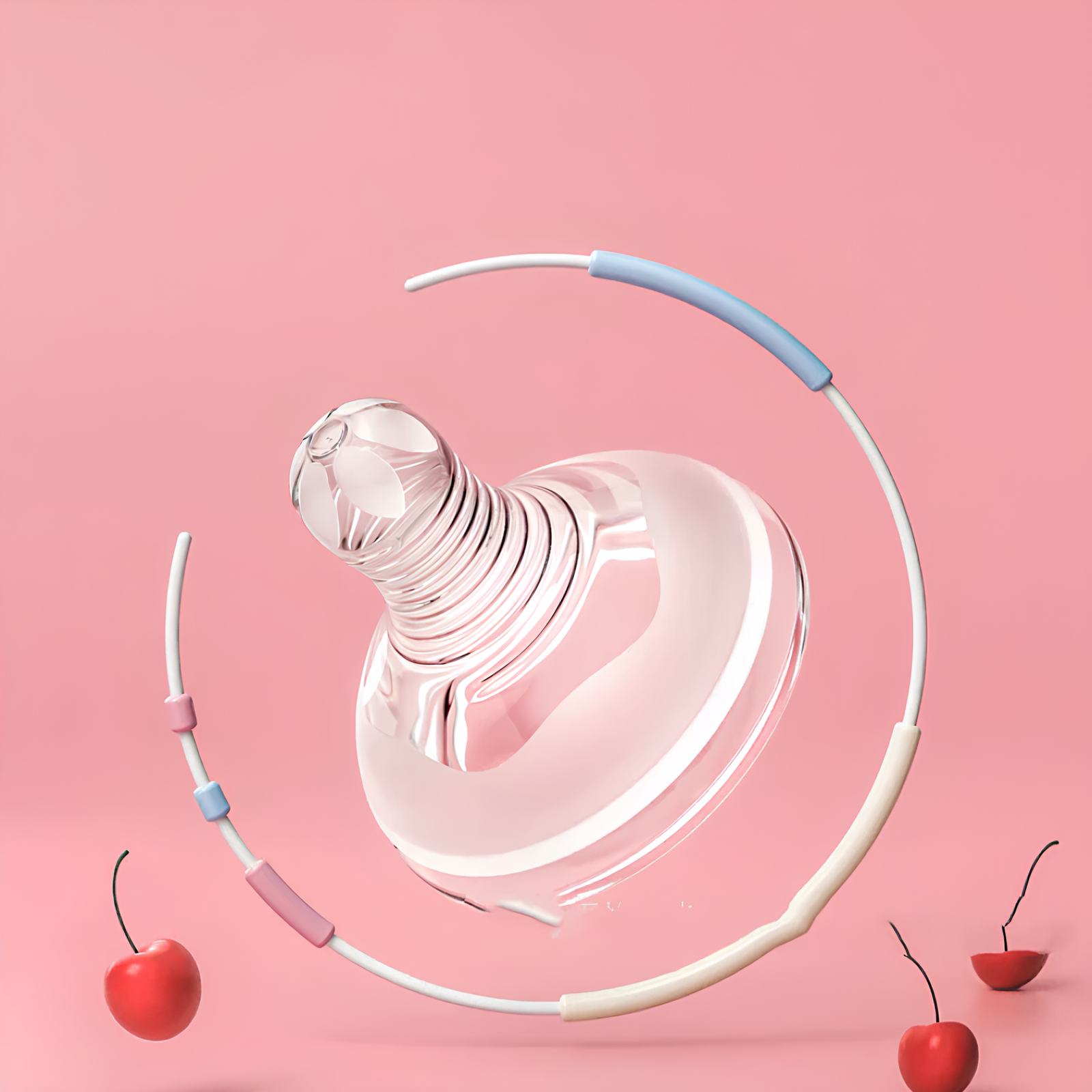 Clear neck pillow with white strap on a pink background with red cherries