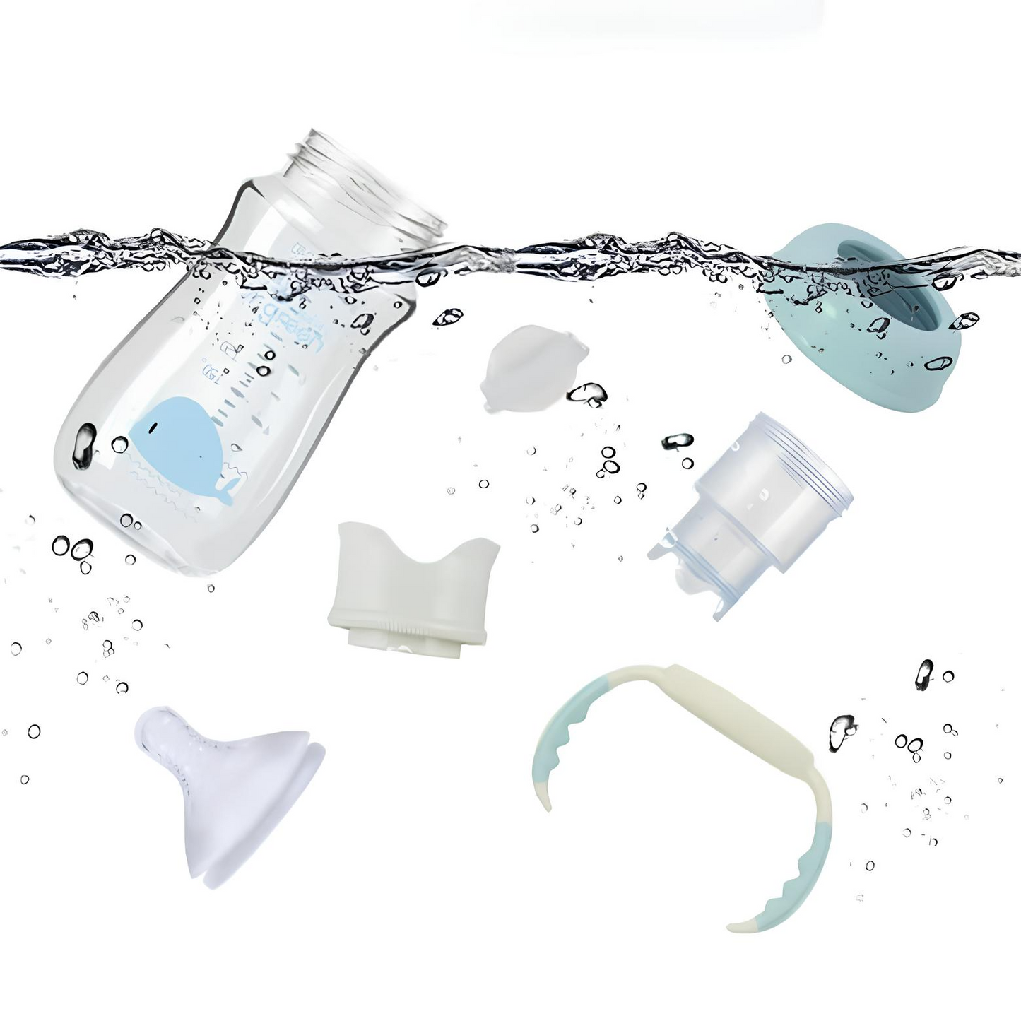 Nebulizer parts with water droplets on a white background