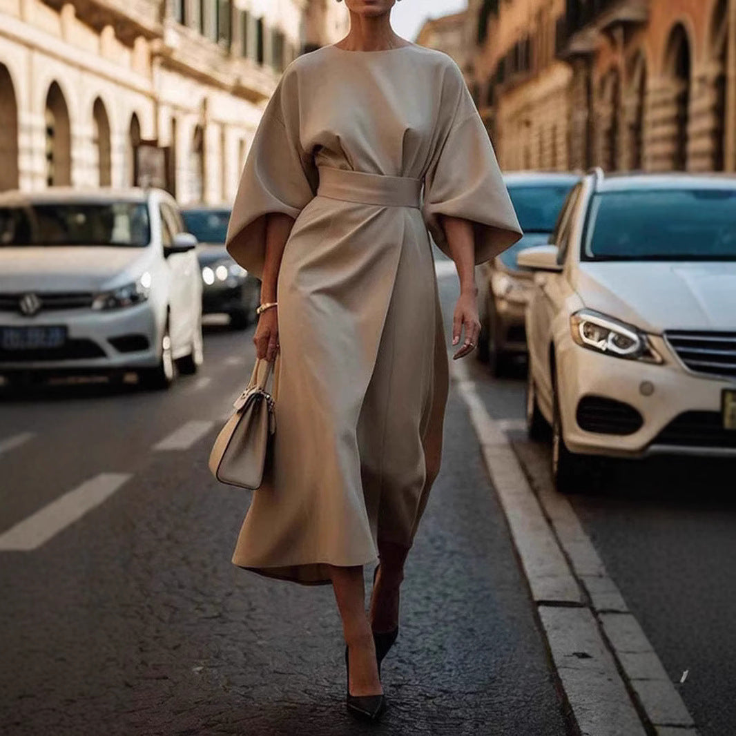 Loose Batwing Sleeve Dress Fashion Waist-tighted Solid Color Elegant Dresses For Women Clothing NommL