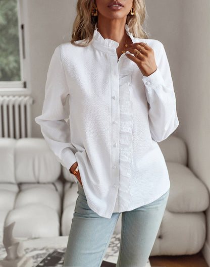 Striped Long Sleeve Shirt Fashion Ruffle Design Button Up Tops Casual Office Blouse Elegant Commuting Women's Clothing NommL