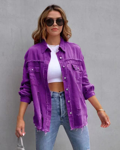 Fashion Ripped Shirt Jacket Female Autumn And Spring Casual Tops Womens Clothing NommL