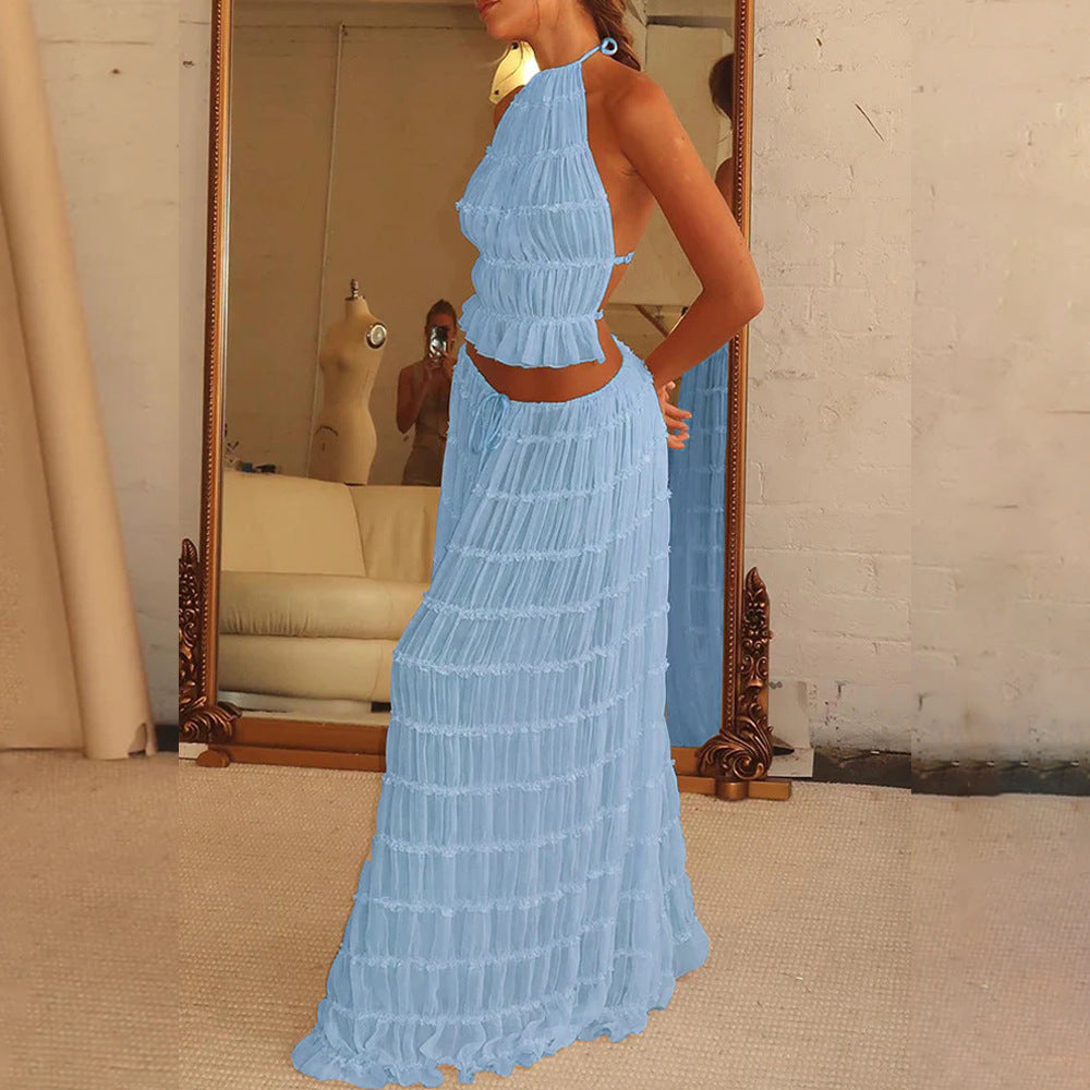 Summer Boho 2-Piece Set: Halter Crop Top & High-Waisted Pleated Maxi Skirt NommL