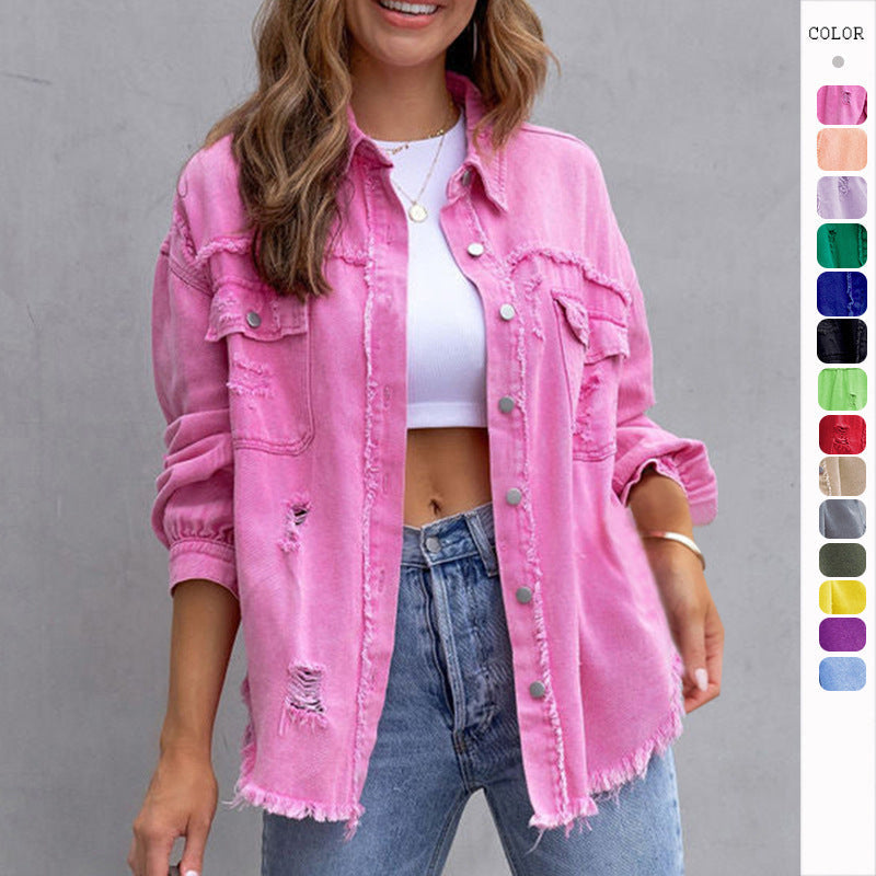 Fashion Ripped Shirt Jacket Female Autumn And Spring Casual Tops Womens Clothing NommL