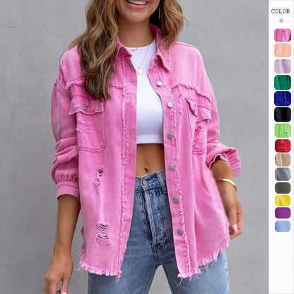 Fashion Ripped Shirt Jacket Female Autumn And Spring Casual Tops Womens Clothing NommL