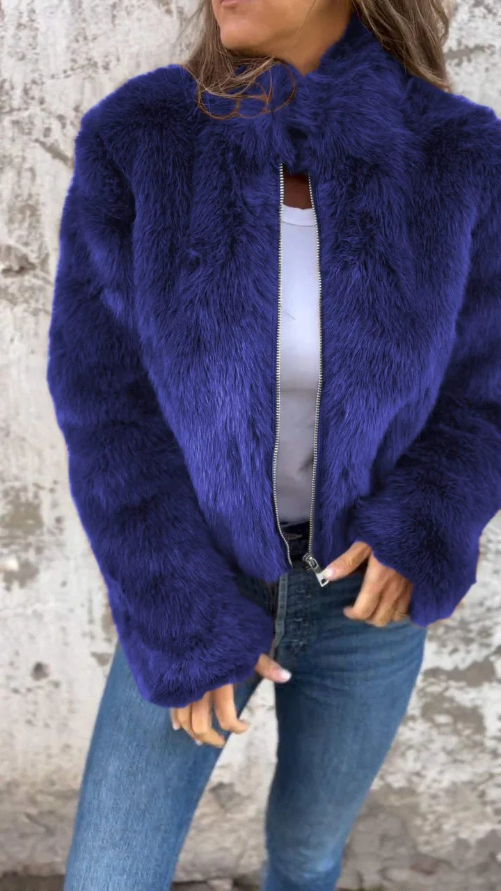 Fashion Stand Collar Plush Jacket Winter Casual Turtleneck Zipper Coat Fleece Tops Women's Clothing NommL