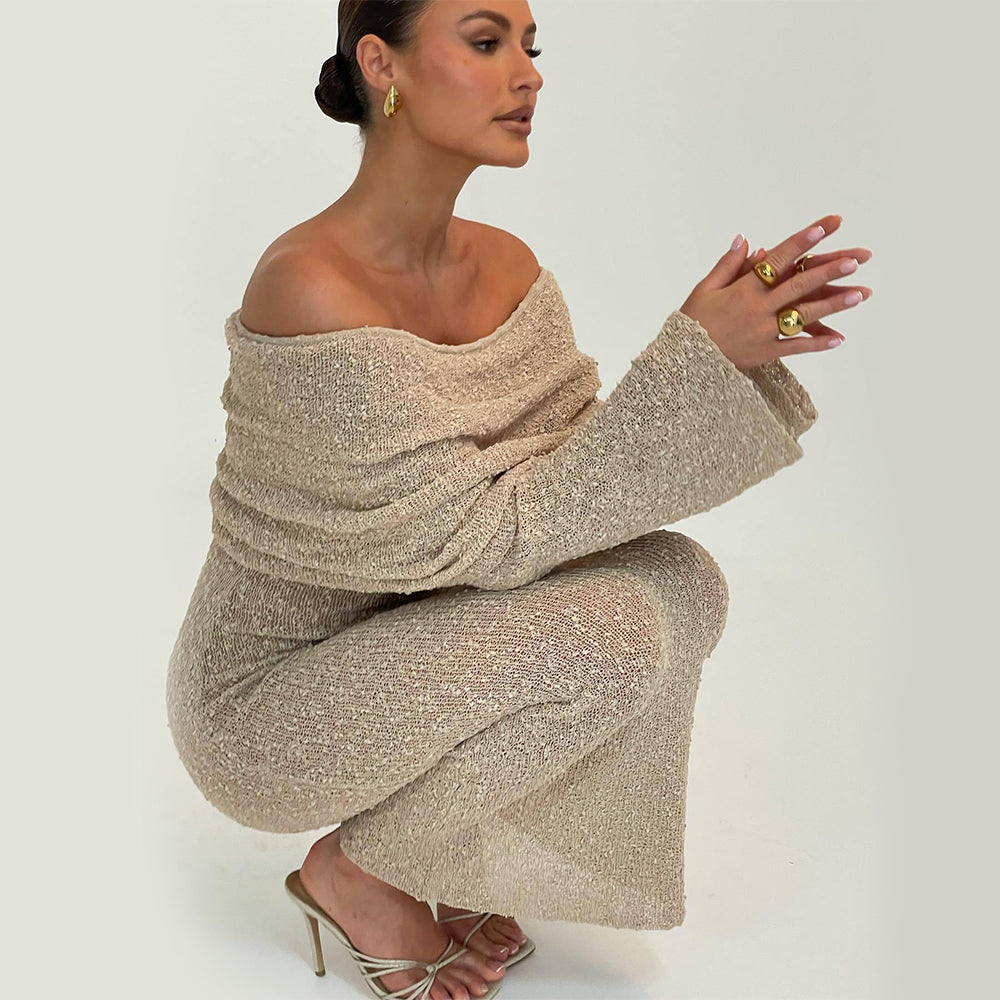 New One-shoulder Knitted Long-sleeved Dress Sexy Beach Holiday Long Dresses Womens Clothing NommL