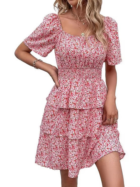 Women Floral Print Square Neck A-Line Mini Dress Casual Short Sleeve Tiered Summer Dress