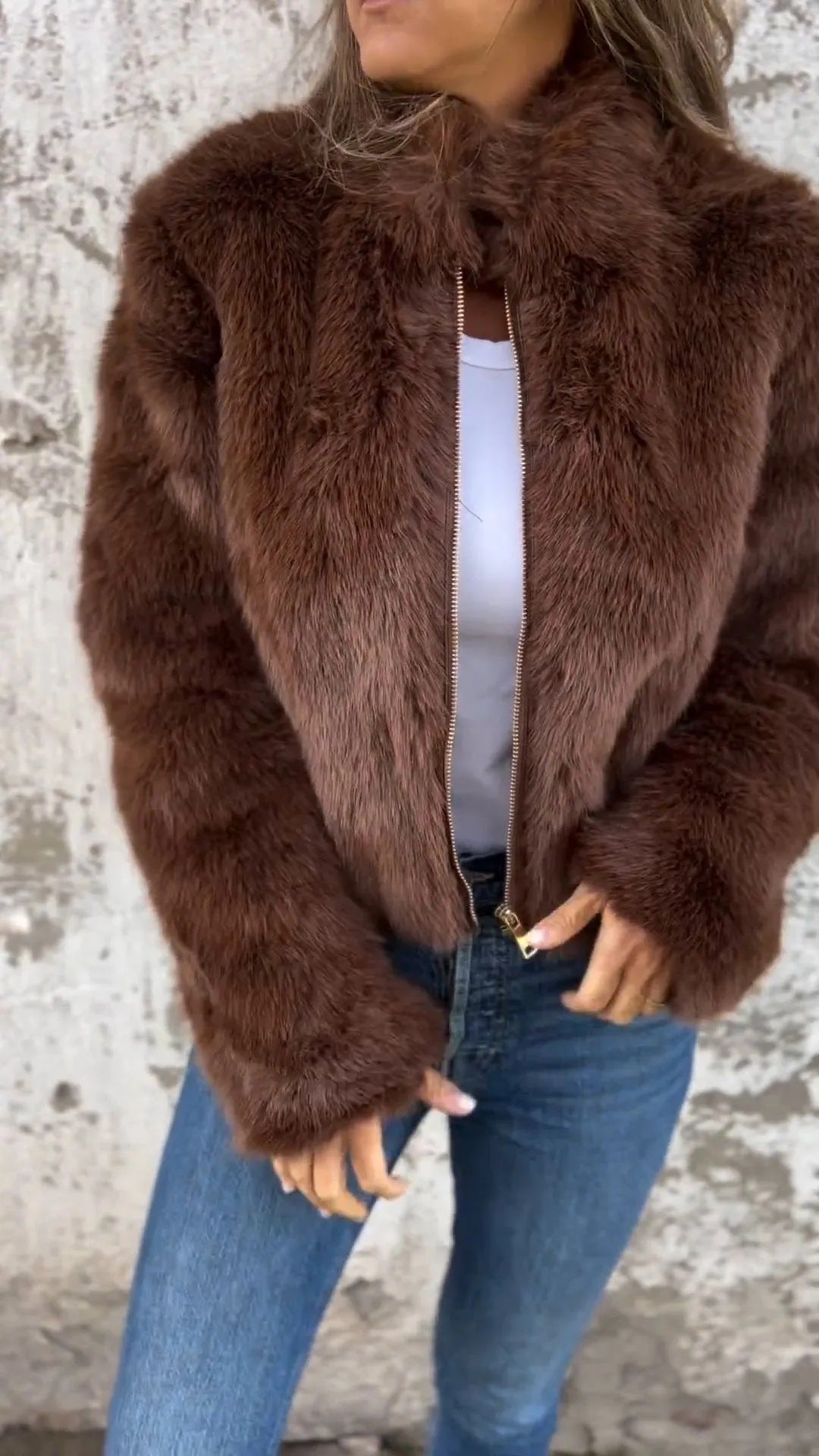 Fashion Stand Collar Plush Jacket Winter Casual Turtleneck Zipper Coat Fleece Tops Women's Clothing NommL