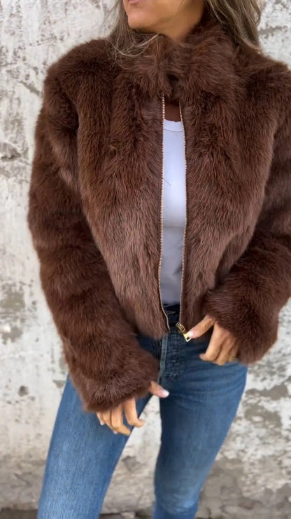 Fashion Stand Collar Plush Jacket Winter Casual Turtleneck Zipper Coat Fleece Tops Women's Clothing NommL