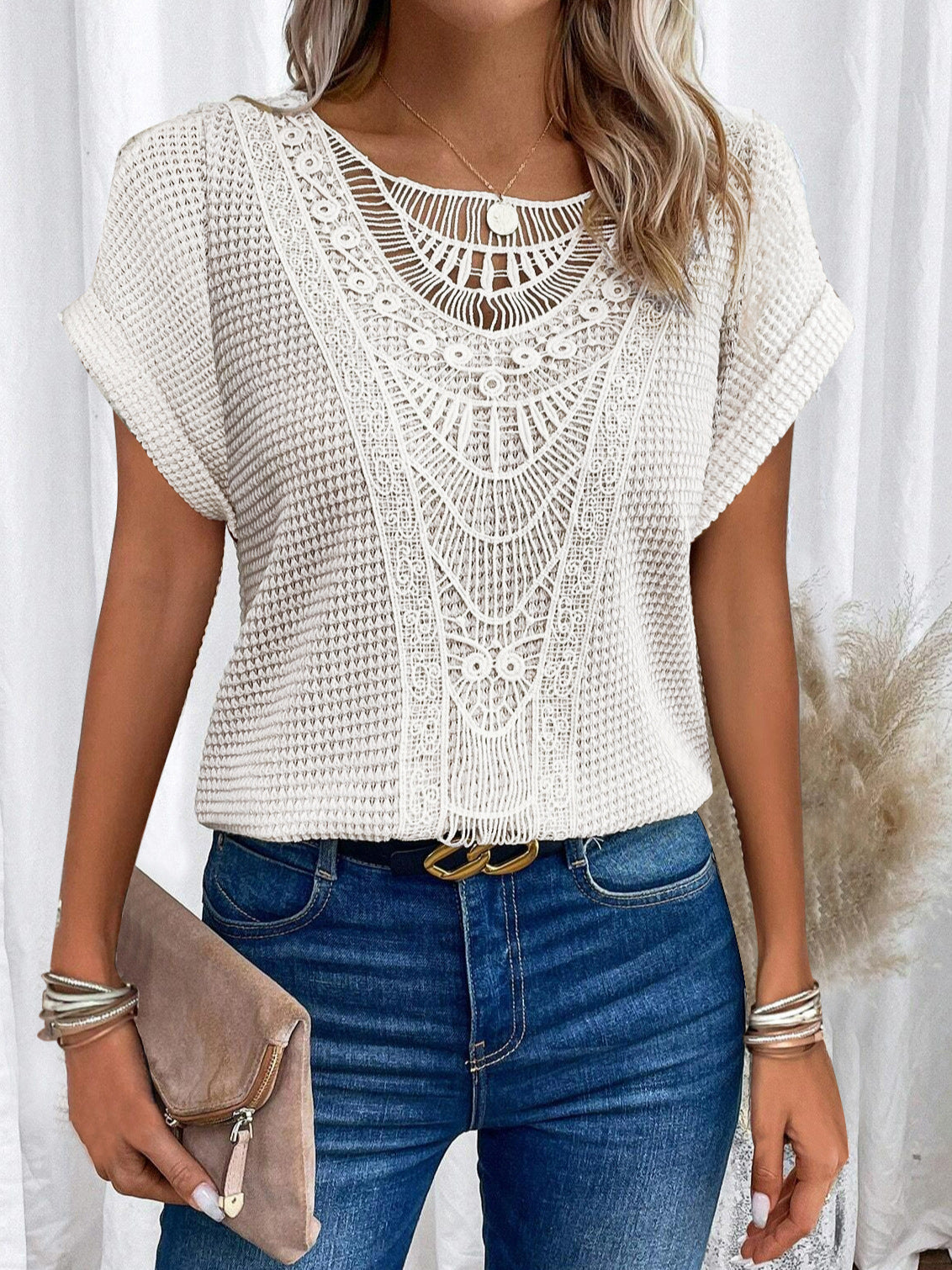 Summer Hollow Out Short-sleeved T-shirt Fashion Ethnic Style Tops Women's Clothing NommL