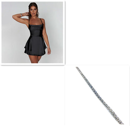 Sexy Suspender Skirt For Women Elegant Slim Strap Satin Backless Lace Up A-Line Short Dress Lady NommL
