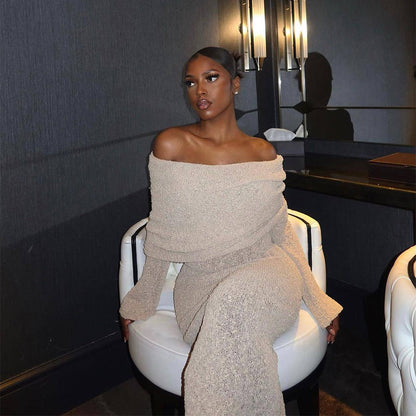 New One-shoulder Knitted Long-sleeved Dress Sexy Beach Holiday Long Dresses Womens Clothing NommL