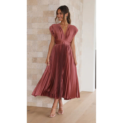 Elegant V-Neck Pleated Maxi Dress: Sleeveless Loose Fit Evening Gown for Weddings & Parties NommL
