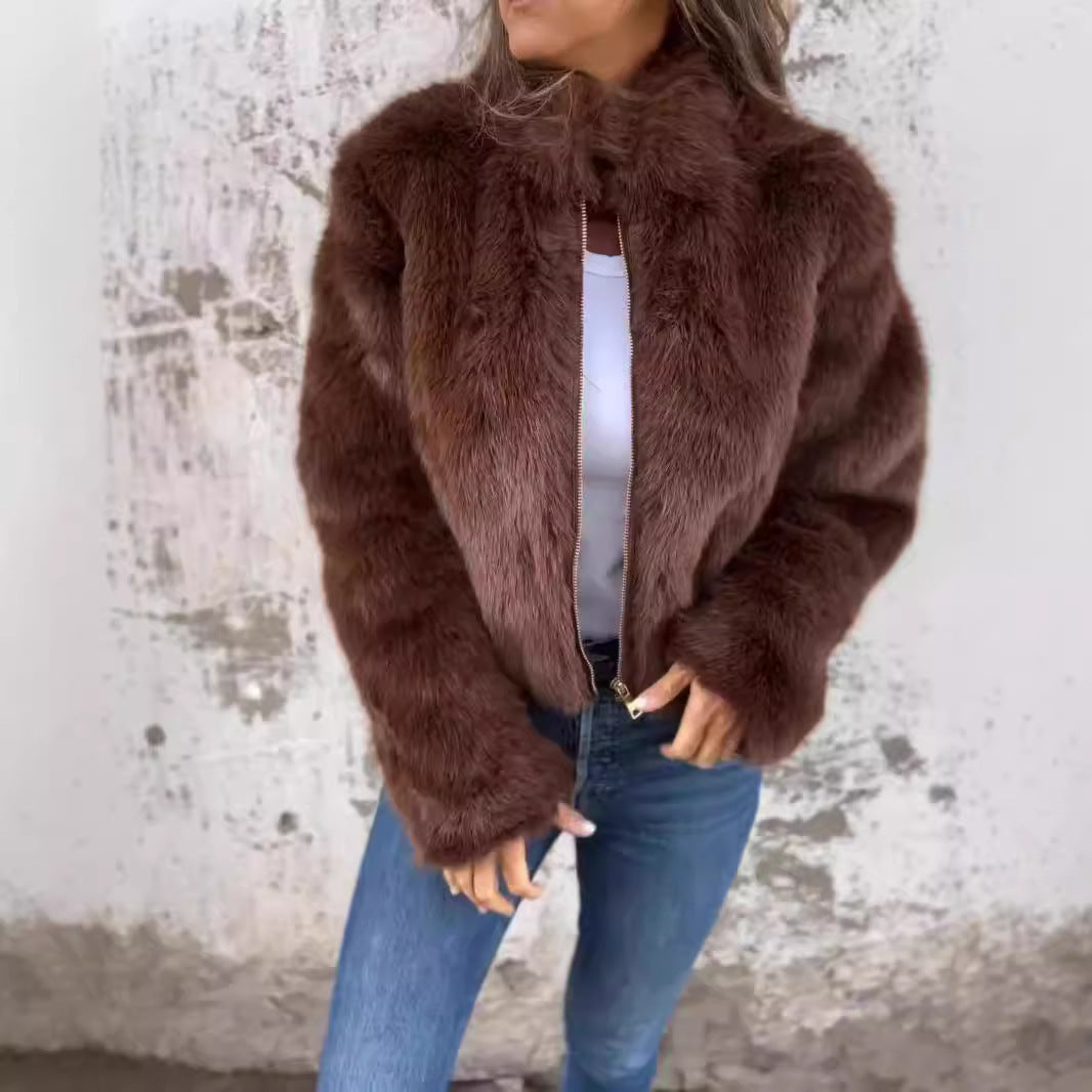 Fashion Stand Collar Plush Jacket Winter Casual Turtleneck Zipper Coat Fleece Tops Women's Clothing NommL
