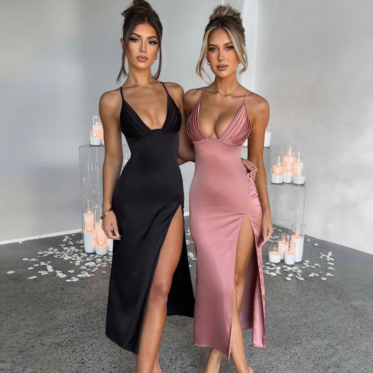 Spaghetti Strap Dress With Split Design Deep V-neck Sleeveless Backless Bodycon Party Dresses For Womens Clothing NommL
