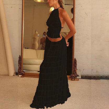 Summer Boho 2-Piece Set: Halter Crop Top & High-Waisted Pleated Maxi Skirt NommL