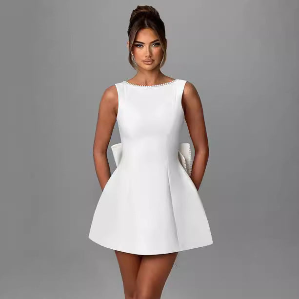 Luxury Pearl Backless Mini Dress with Big Bow: Elegant Summer A-Line Party & Evening Gown NommL