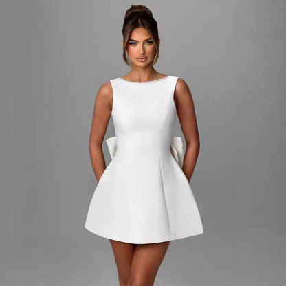 Luxury Pearl Backless Mini Dress with Big Bow: Elegant Summer A-Line Party & Evening Gown NommL