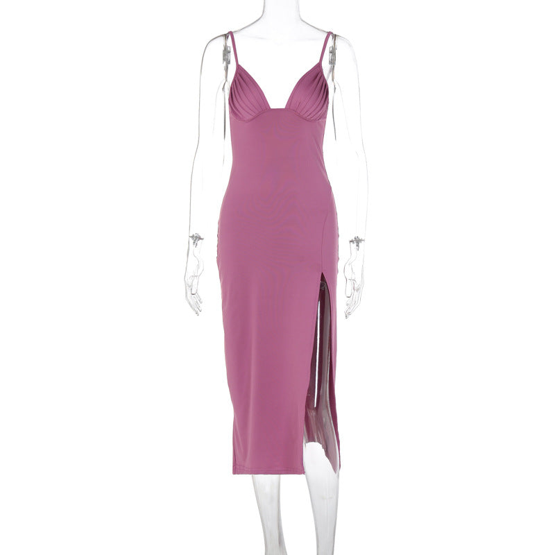 Spaghetti Strap Dress With Split Design Deep V-neck Sleeveless Backless Bodycon Party Dresses For Womens Clothing NommL