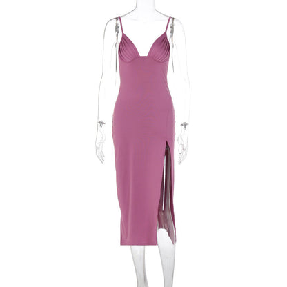Spaghetti Strap Dress With Split Design Deep V-neck Sleeveless Backless Bodycon Party Dresses For Womens Clothing NommL