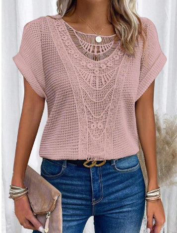 Summer Hollow Out Short-sleeved T-shirt Fashion Ethnic Style Tops Women's Clothing NommL